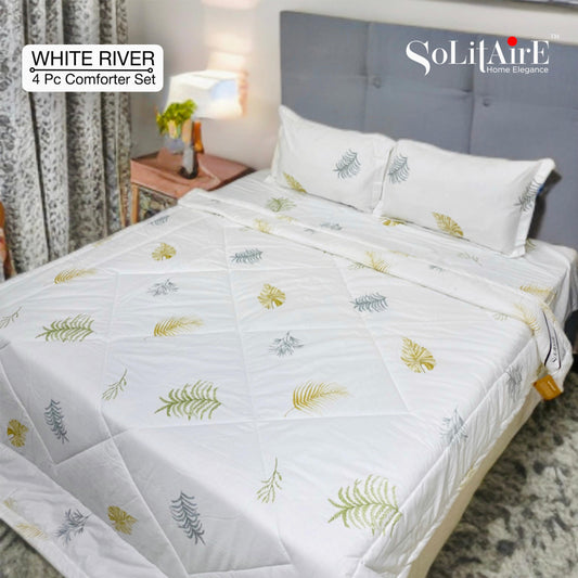 ✨ Solitaire White River King Size Comforter Set – 4 Pc | 100% Cotton | Reversible AC Quilt + Bedsheet + Pillow Covers