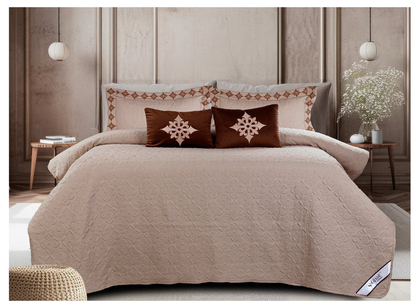 King Size Embroidered Quilted Bedcover Set – 5 Pc | Luxury Bedcover + Pillow Covers + Cushions with Filler