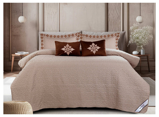 King Size Embroidered Quilted Bedcover Set – 5 Pc | Luxury Bedcover + Pillow Covers + Cushions with Filler