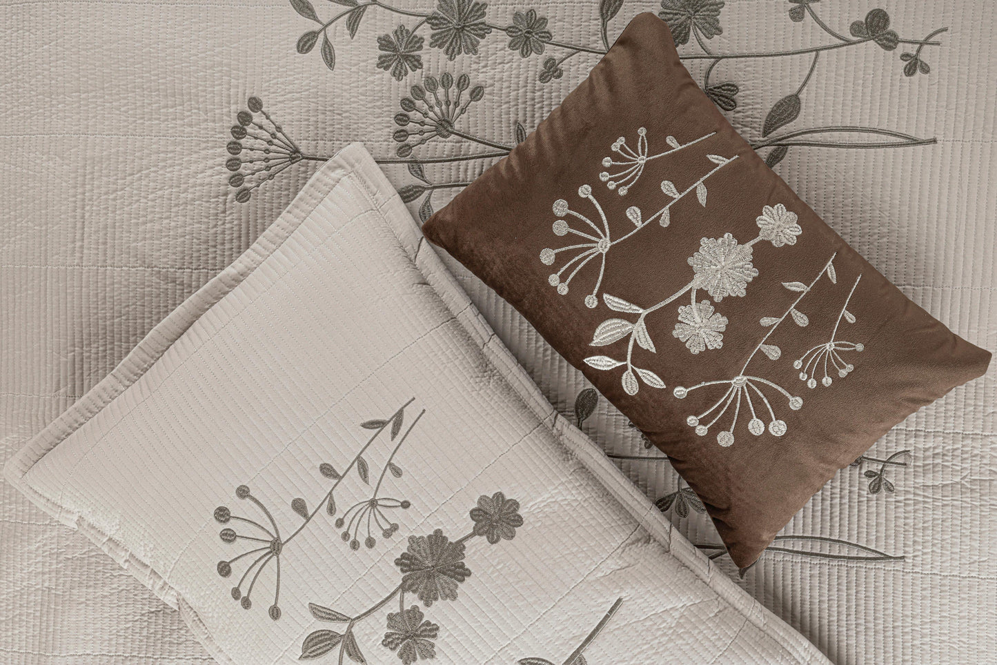 King Size Embroidered Quilted Bedcover Set – 5 Pc | Luxury Bedcover + Pillow Covers + Cushions with Filler