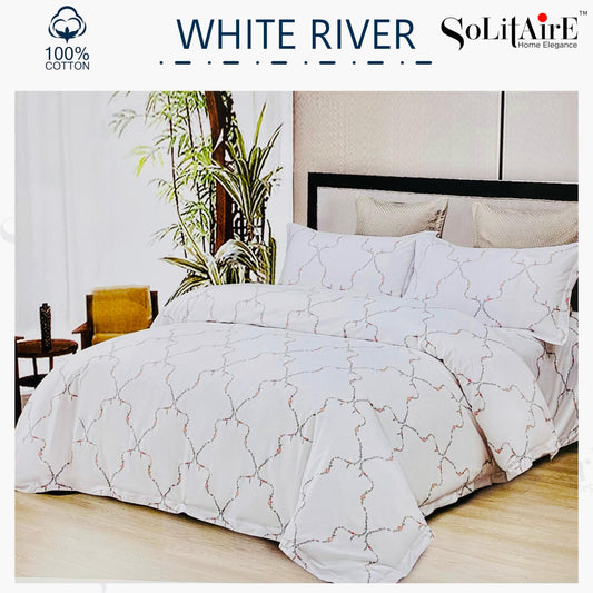 ✨ Solitaire White River King Size Bedsheet Set – 100% Organic Cotton | Jointless | 3 Pc (1 Bedsheet + 2 Pillow Covers)