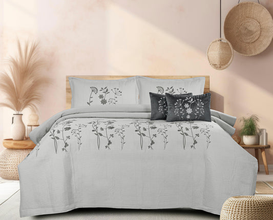 King Size Embroidered Quilted Bedcover Set – 5 Pc | Luxury Bedcover + Pillow Covers + Cushions with Filler