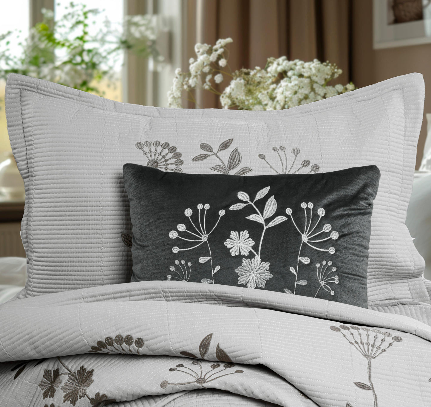 King Size Embroidered Quilted Bedcover Set – 5 Pc | Luxury Bedcover + Pillow Covers + Cushions with Filler