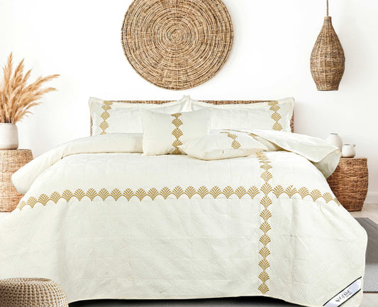 ✨ Solitaire King Size Embroidered Quilted Bedcover Set – 5 Pc | Luxury Bedcover + Pillow Covers + Cushions with Filler