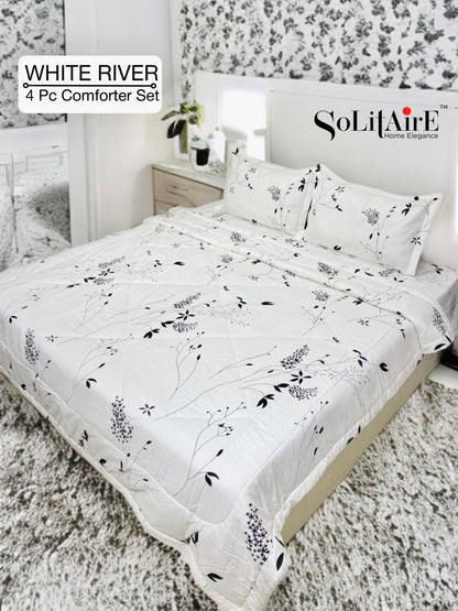✨ Solitaire White River King Size Comforter Set – 4 Pc | 100% Cotton | Reversible AC Quilt + Bedsheet + Pillow Covers