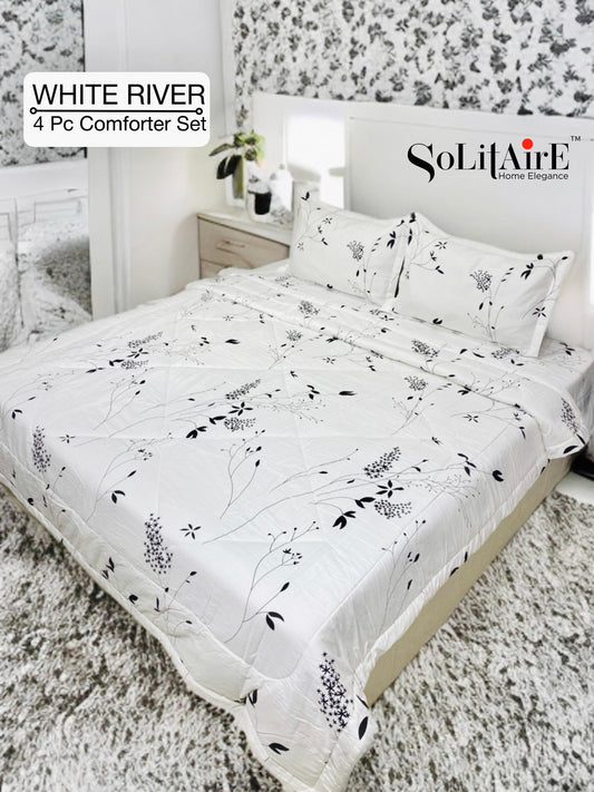 ✨ Solitaire White River King Size Comforter Set – 4 Pc | 100% Cotton | Reversible AC Quilt + Bedsheet + Pillow Covers