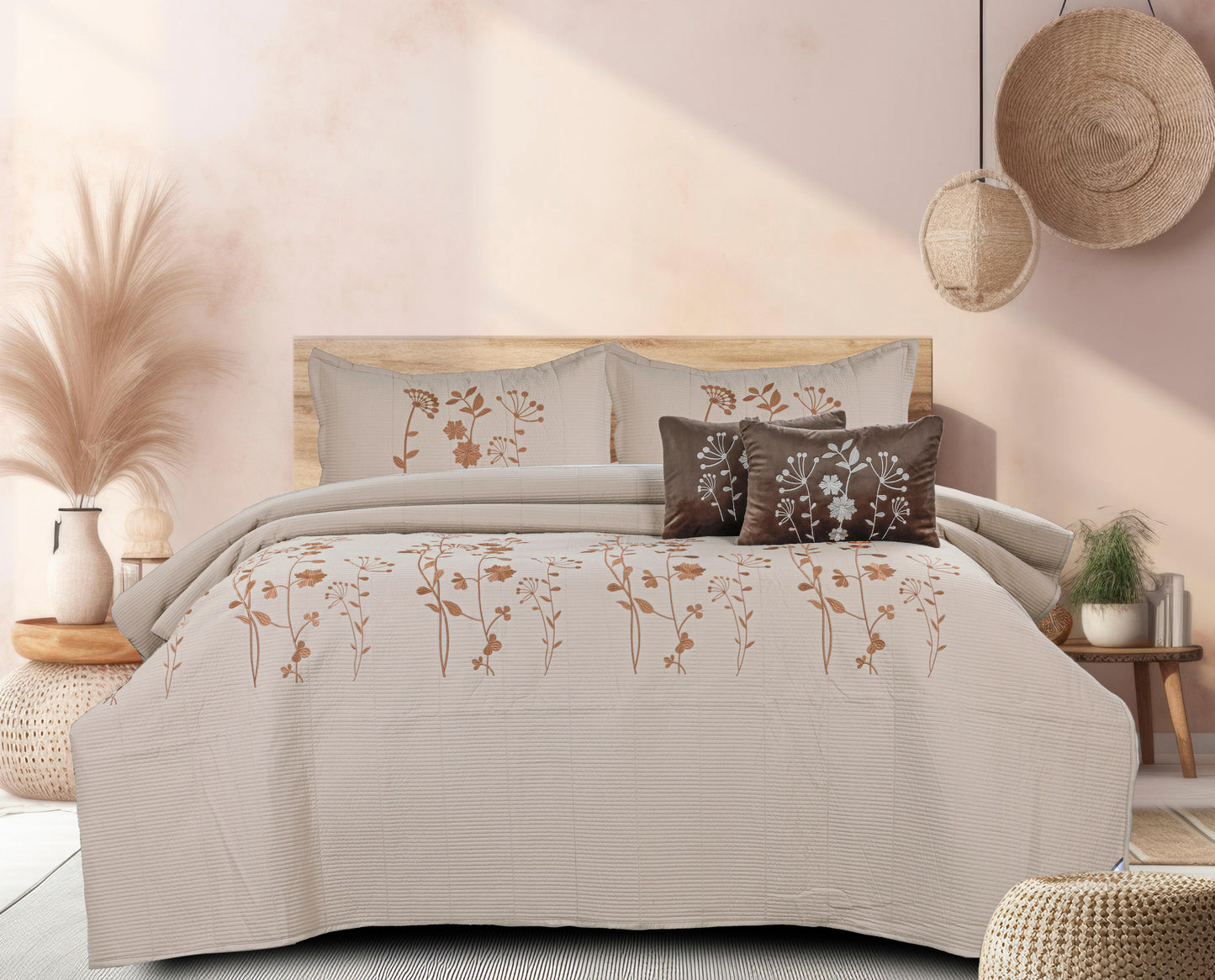 King Size Embroidered Quilted Bedcover Set – 5 Pc | Luxury Bedcover + Pillow Covers + Cushions with Filler