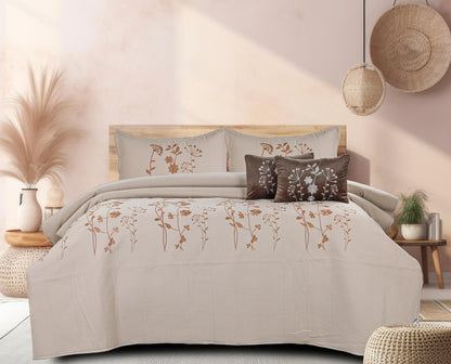 King Size Embroidered Quilted Bedcover Set – 5 Pc | Luxury Bedcover + Pillow Covers + Cushions with Filler