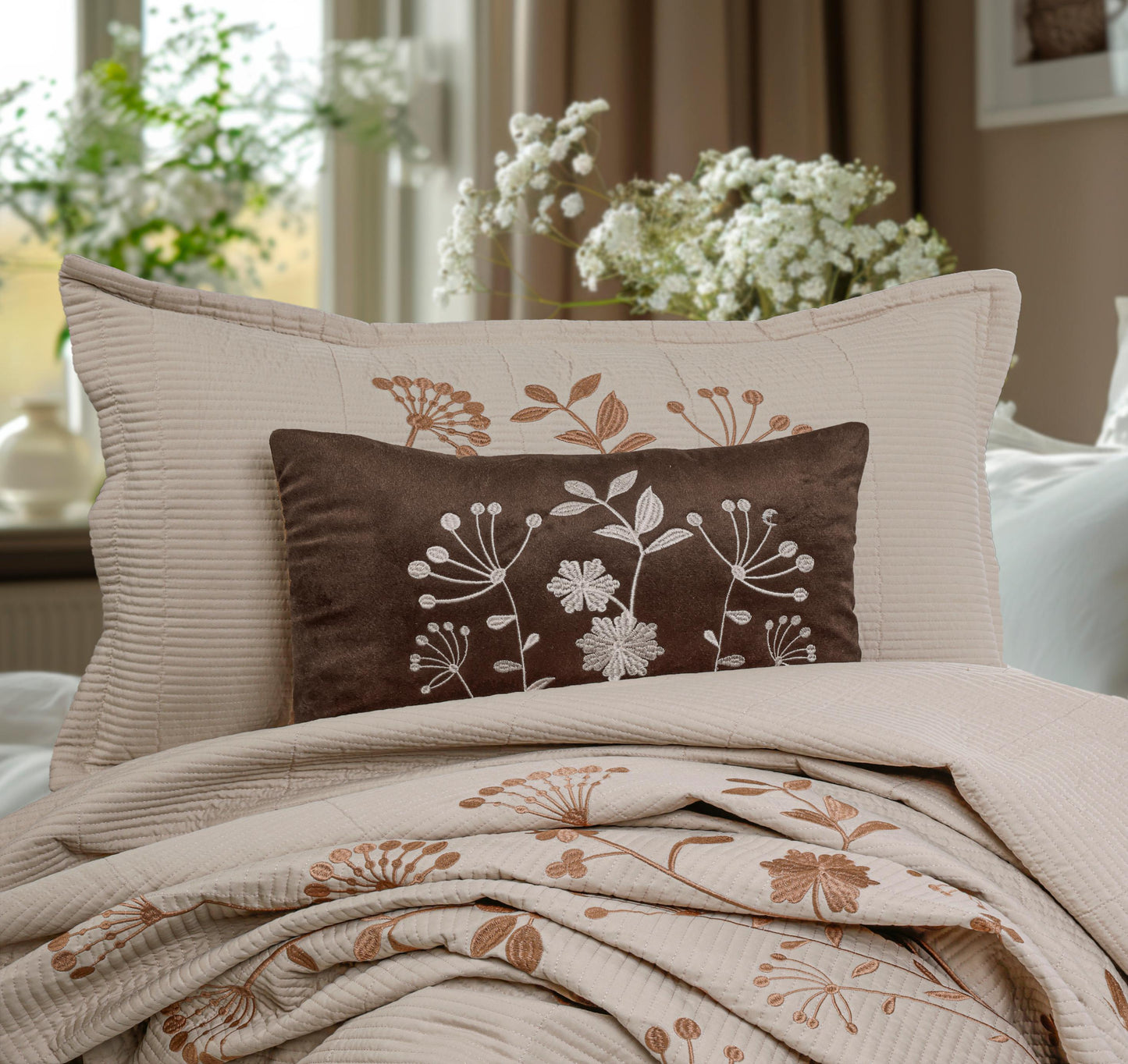 King Size Embroidered Quilted Bedcover Set – 5 Pc | Luxury Bedcover + Pillow Covers + Cushions with Filler
