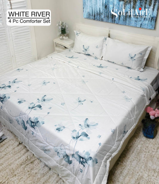 ✨ Solitaire White River King Size Comforter Set – 4 Pc | 100% Cotton | Reversible AC Quilt + Bedsheet + Pillow Covers