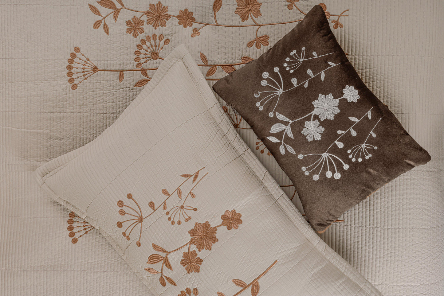 King Size Embroidered Quilted Bedcover Set – 5 Pc | Luxury Bedcover + Pillow Covers + Cushions with Filler