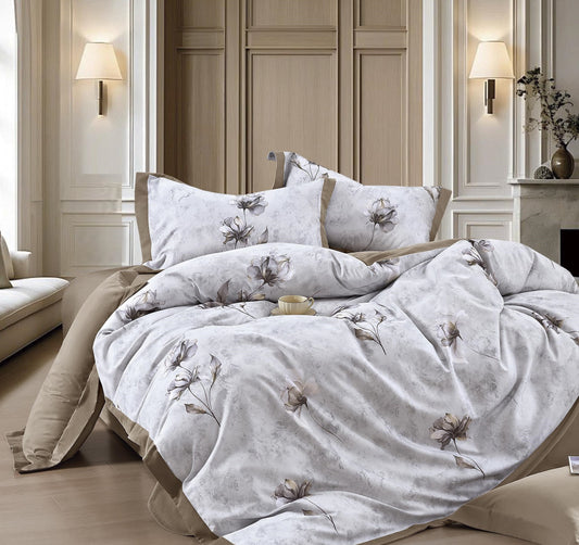 ✨ Solitaire Luxury Floral King Size Bedsheet Set (1+2) – Premium Cotton Blend | Luxury Grey & Beige Bedding with Pillowcases