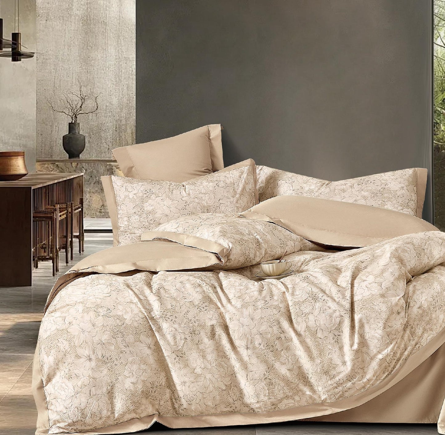 🌟 Solitaire Premium Beige Floral King Size Bedsheet Set (1+2) – 300 TC 100% Organic Cotton | Elegant Luxury Bedding