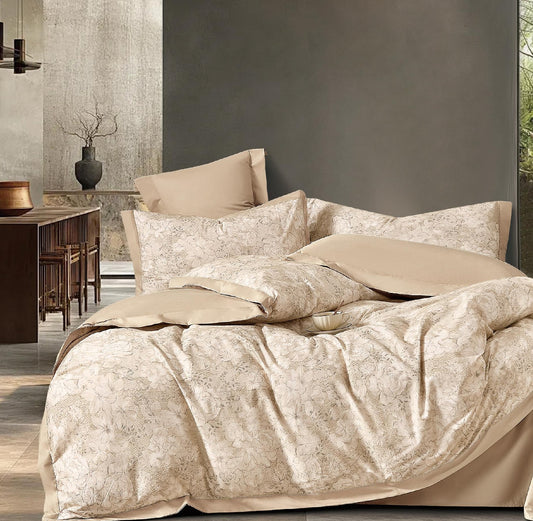 🌟 Solitaire Premium Beige Floral King Size Bedsheet Set (1+2) – 300 TC 100% Organic Cotton | Elegant Luxury Bedding