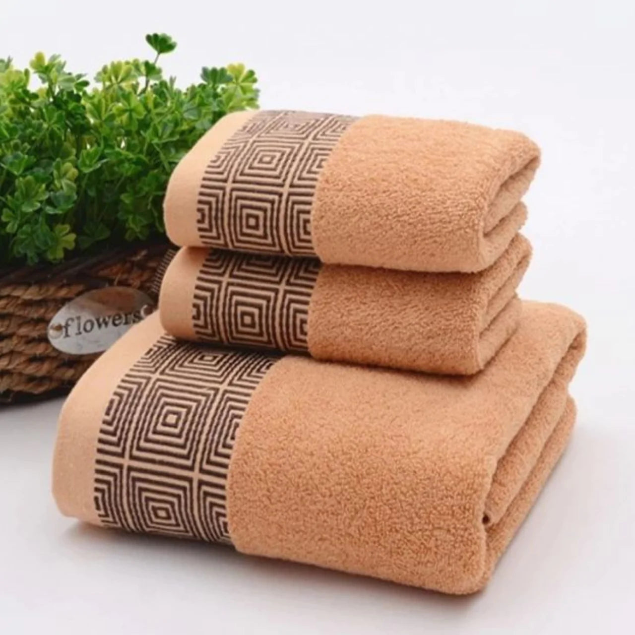 EMBROIDERY BORDER COTTON TOWELS (Brown)